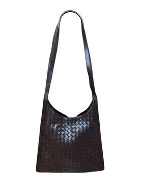 Auth Bottega Veneta Vintage Intrecciato Brown Leather Trapezoid Shoulder Bag